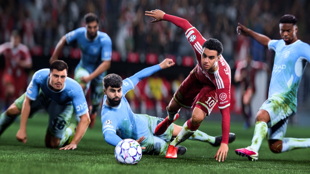 FC27 gameplay showing Jamal Musiala keeping control of the ball during a Champions League match